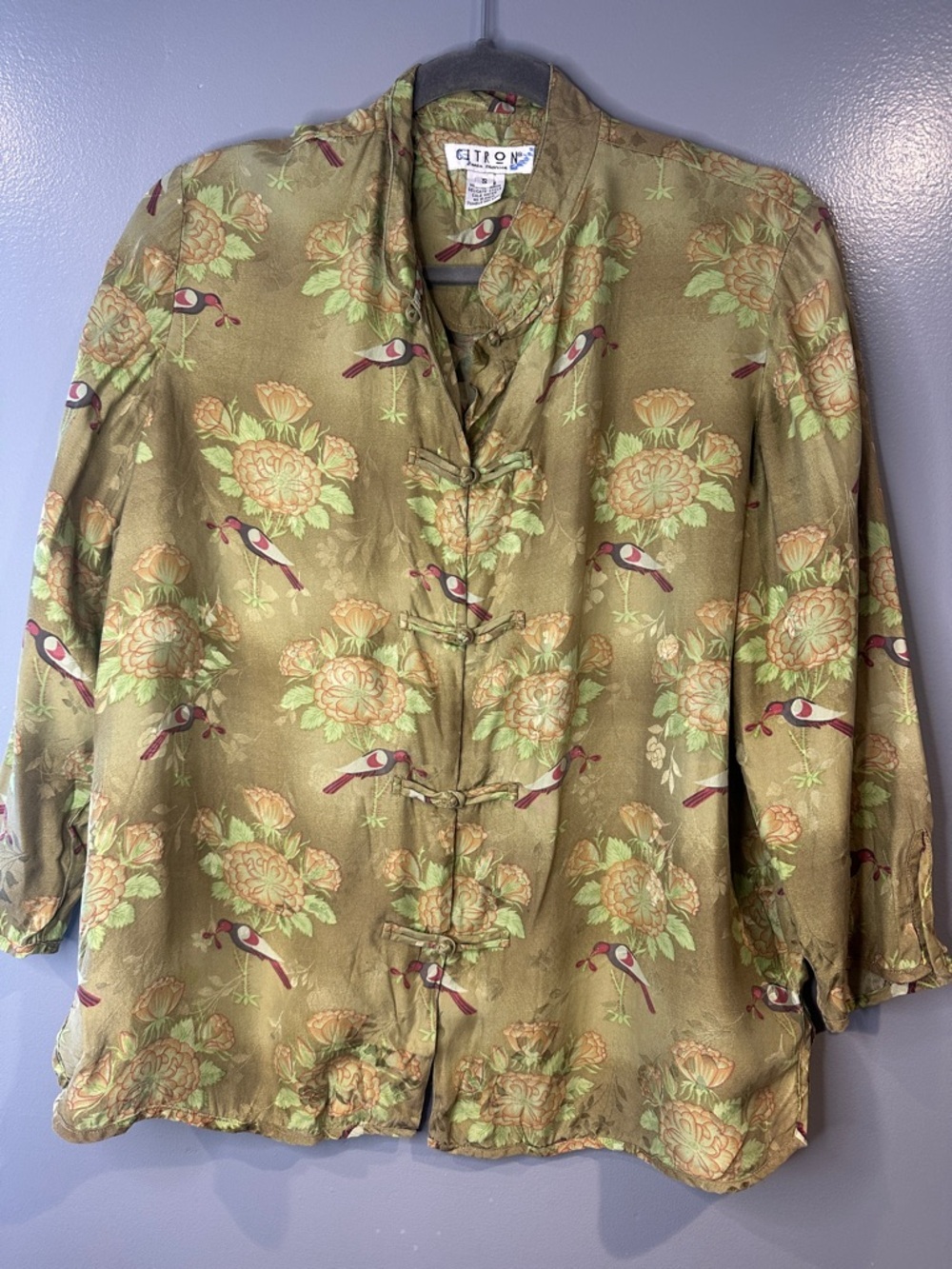 CITRON Santa Monica 100% Silk Fans Top Small bird print cottagecore old money